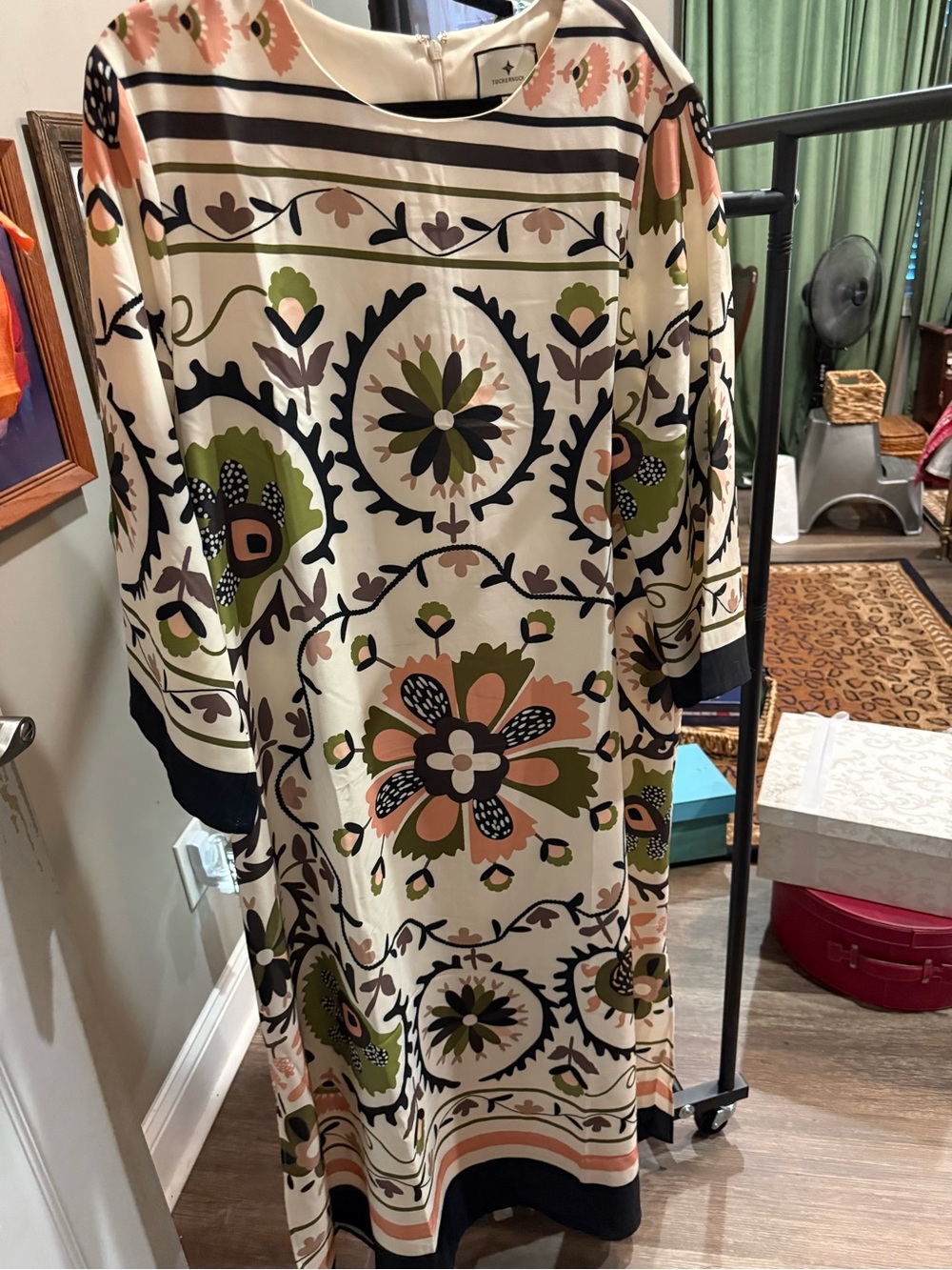 Tuckernuck Ivory Midi Dress with Olive Green and Peach Floral Print